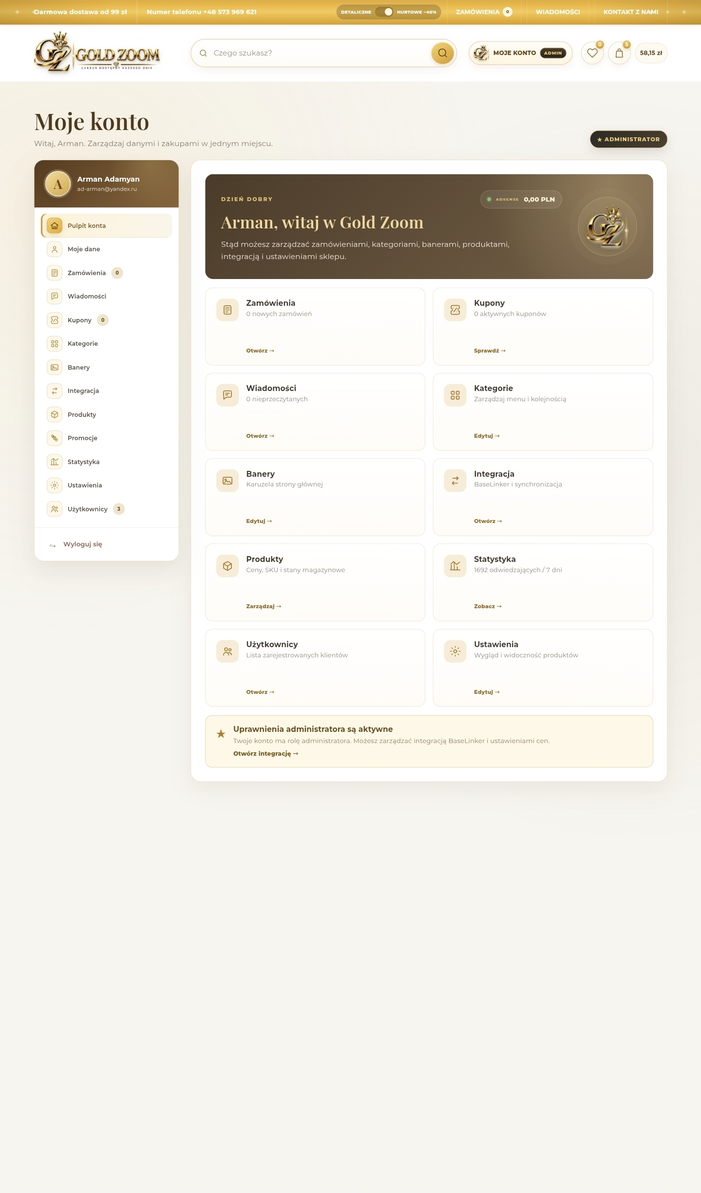 Sprzedam sklep internetowy, branża biżuteria z&nbsp;panelem administracyjnym, integracją i&nbsp;sztuczną inteligencją